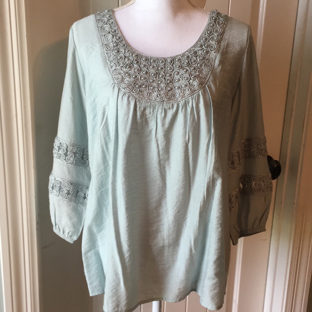 ✨Gorgeous Woven Pearl Neck Blue Green Blouse M
